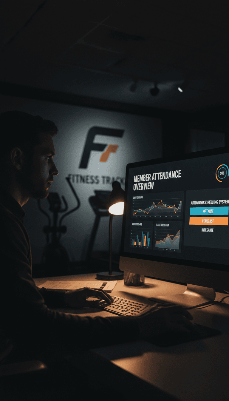 Fitness owner reviewing automated systems and member data