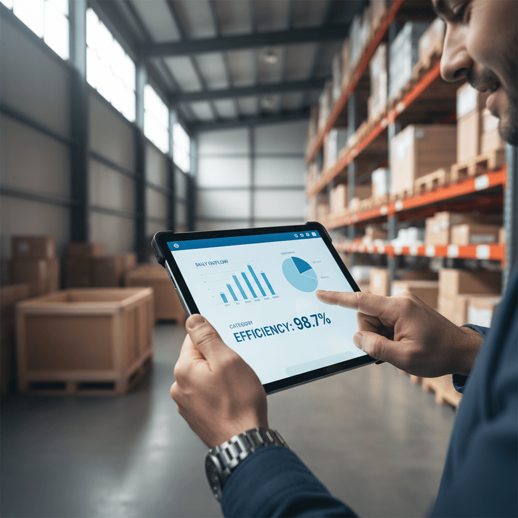 Warehouse manager analyzing operational data on tablet